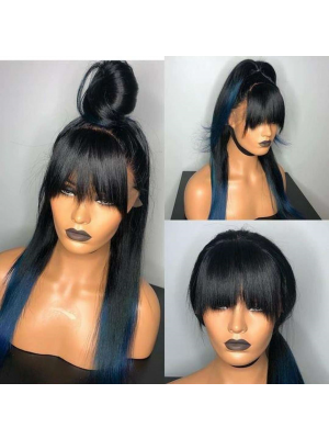 Magic Love Human Unprocessed Human Virgin Pre Plucked Ombre 1B/Blue Straight Lace Front Wig & Full Lace Wig with Bangs(MAGIC0190)