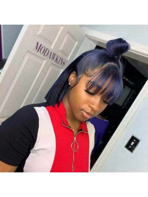 Magic Love Human Virgin Hair Blue Color With Bangs Bob Pre Plucked Lace Front Wig And Full Lace Wig For Black Woman Free Shipping (MAGIC0426)