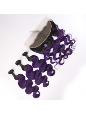 Magic Love Ombre 3 Bundles With(or not) Closure/Frontal Brazilian Virgin Human Hair Color 1B/purple Hair(magic0141)