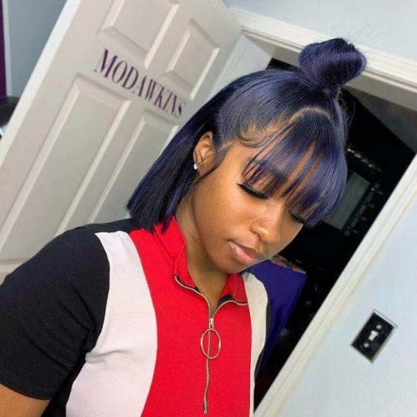 Magic Love Human Virgin Hair Blue Color With Bangs Bob Pre Plucked